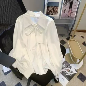 Корейская версия бабочка дизайн женская рубашка осень новая мода дамы однотонная блузка повседневный простой свободный кардиган топ S
