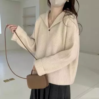 EBAIHUI Женский однотонный вязаный свитер с V-образным вырезом в стиле ретро, удобный пуловер, осенне-зимний японский свободный топ One Size зелёный