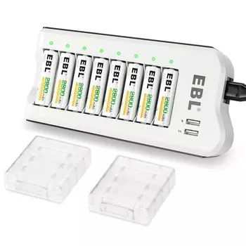 EBL AA Rechargeable Battery Charger 8 Slot Charger AA Rechargeable Batteries Batteries Compatible with Rechargeable AA Battery Charger Set Set, +