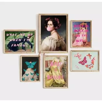 Eclectic Vintage Gallery Wall Art Woman Dress Butterfly Canvas Painting Painted Alphabet Bedroom Hallway Frameless Poster 21x30cm No Frame
