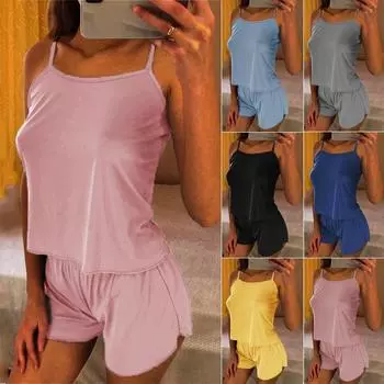 ECMLN комплект из 2 шт., женский пижамный комплект, бюстгальтер без косточек и шорты, одежда для сна, жилет на бретельках, шорты, хлопковый топ на бретельках, пижамные комплекты, нижнее белье, костюм для сна M розовый