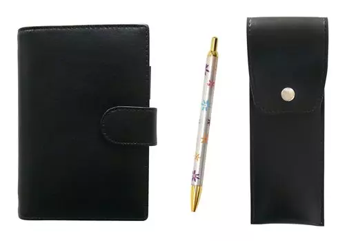 Eco B7 cowhide mini notebook and round button pen case black floral ballpoint pen set LS002B-BRSB-HS380B