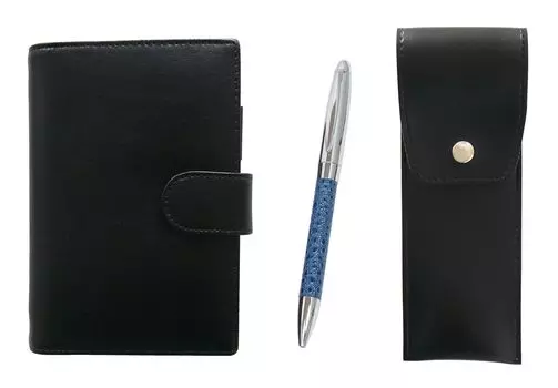 Eco B7 cowhide mini notebook and round button pen case black genuine leather wrapped rotating ballpoint pen director set blue LS002B-BRSB-PD03-L