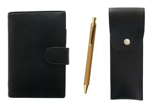 Eco B7 cowhide mini notebook and round button pen case black bamboo handle ballpoint pen set LS002B-BRSB-FB300CB