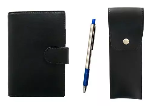 Eco B7 cowhide mini notebook and round button pen case black FB325 aluminum straight knock ballpoint pen set blue LS002B-BRSB-FB325-L