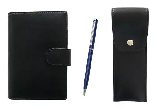 Eco B7 cowhide mini notebook and round button pen case black slim rotary ballpoint pen set blue LS002B-BRSB-PD04-L