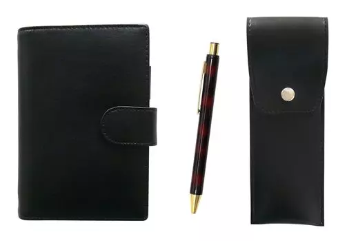 Eco B7 cowhide mini notebook and round button pen case black NQ30 thick shaft metal straight knock ballpoint pen set marble LS002B-BRSB-NQ30B-M