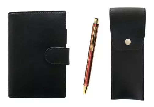 Eco B7 Cowhide mini notebook and round button pen case black NQ30K Thick shaft metal straight knock double anodized lattice ballpoint pen set Red