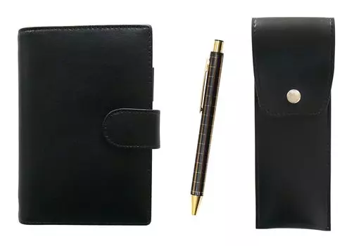 Eco B7 cowhide mini notebook and round button pen case black NQ30K thick shaft metal straight knock double anodized lattice ballpoint pen set black