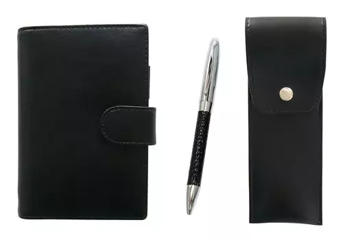 Eco B7 cowhide mini notebook and round button pen case black genuine leather wrapped rotating ballpoint pen director set black LS002B-BRSB-PD03-B