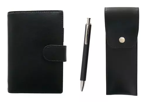 Eco B7 cowhide mini notebook and round button pen case black extruded rubber shaft brass knock ballpoint pen set black LS002B-BRSB-HS301B