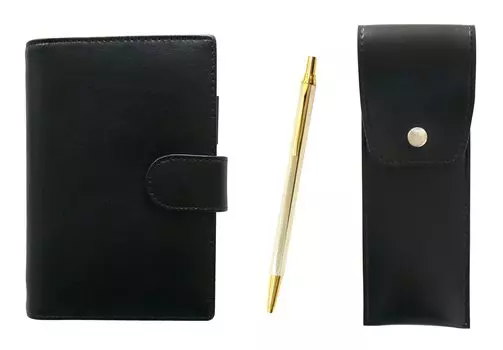 Eco B7 Cowhide Mini System Notebook and Round Button Pen Case Black Z66 Whole Body Gold Hexagon Knock Metal Ballpoint Pen Set LS002B-BRSB-Z66KB