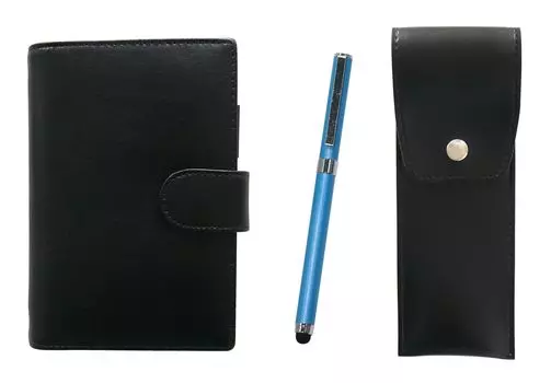 Eco B7 Cowhide Mini System Notebook and Round Button Pen Case Black Smartphone Touch Metal Cap Ballpoint Pen Extra Set Blue LS002B-BRSB-QSJW700-L