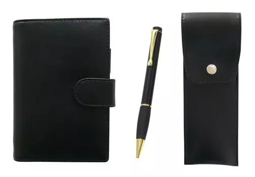 Eco B7 Cowhide Mini System Notebook and Round Button Pencil Case Black Midnight Rubber Rotating Ballpoint Pen Set Black LS002B-BRSB-T102BP-B