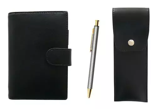 Eco B7 Cowhide Mini System Notebook and Round Button Pencil Case Black NQ26 All Metal Lizard Paint Knock Type Ballpoint Pen Set Gray