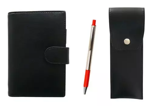 Eco B7 Cowhide Mini System Notebook and Round Button Pencil Case Black FB325 Aluminum Straight Knock Ballpoint Pen Set Red LS002B-BRSB-FB325-R