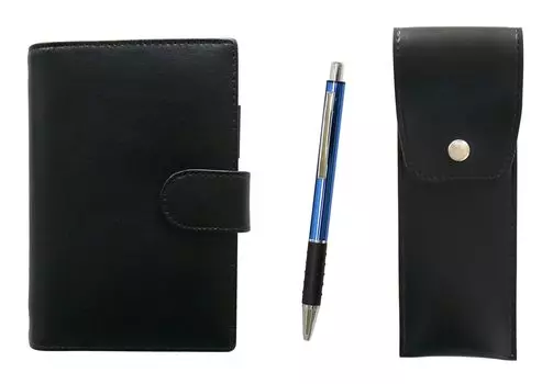 Eco B7 Cowhide Mini System Notebook and Round Button Pen Case Black Metal Pitch Grip Ballpoint Pen Set Blue & LS002B-BRSB-WZ2067BP-L