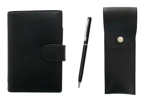 Eco B7 Cowhide Mini System Notebook and Round Button Pencil Case Black Slim Rotating Ballpoint Pen Set Black LS002B-BRSB-PD04-B