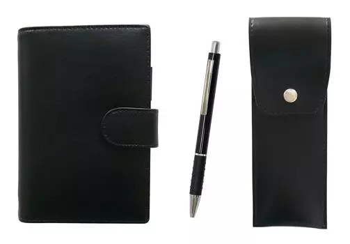 Eco B7 Cowhide Mini System Notebook and Round Button Pen Case Black Metal Pitch Grip Ballpoint Pen Set Black & LS002B-BRSB-WZ2067BP-B