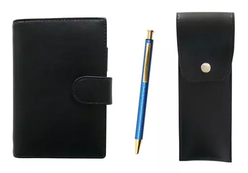 Eco B7 Cowhide Mini System Notebook and Round Button Pencil Case Black NQ26 All Metal Lizard Paint Knock Type Ballpoint Pen Set Blue