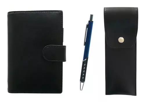 Eco B7 Cowhide Mini System Notebook and Round Button Pen Case Black Metal Color Ballpoint Pen Blue LS002B-BRSB-SI2067BP-L