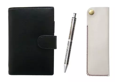 Eco B7 Cowhide Mini System Notebook and Horizontal Hook Pen Case White NQ30 Thick Shaft Metal Straight Knock Ballpoint Pen Set Grape