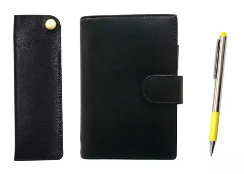 Eco B7 Cowhide Mini System Notebook and Side Hook Pen Case Black FB325 Aluminum Straight Knock Ballpoint Pen Set Yellow T23-LS002B-NK01B-FB325-Y