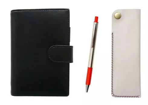 Eco B7 Cowhide Mini System Notebook and Horizontal Hook Pen Case White FB325 Aluminum Straight Knock Ballpoint Pen Set Red LS002B-NK01W-FB325-R