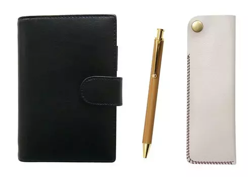 Eco B7 Cowhide Mini System Notebook and Horizontal Hook Pen Case White Bamboo Pattern Ballpoint Pen Set LS002B-NK01W-FB300CB