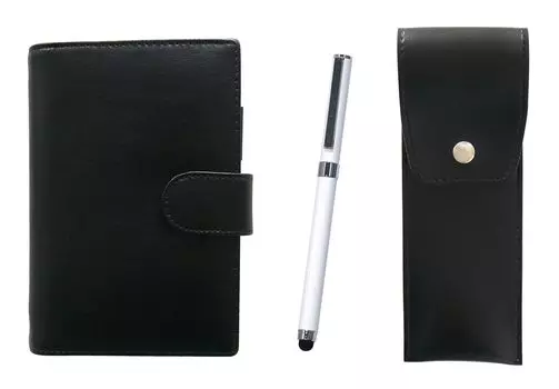 Eco B7 Cowhide Mini System Notebook and Round Button Pen Case Black Smartphone Touch Metal Cap Ballpoint Pen Extra Set White LS002B-BRSB-QSJW700-W