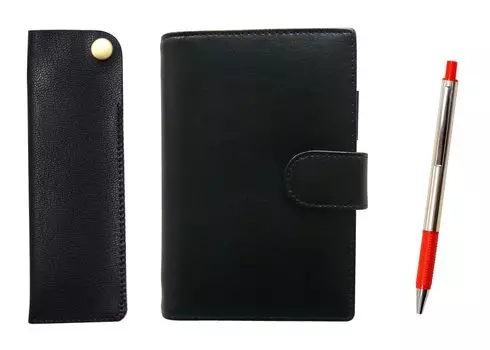 Eco B7 Cowhide Mini System Notebook and Horizontal Hook Pen Case Black FB325 Aluminum Straight Knock Ballpoint Pen Set Red T23-LS002B-NK01B-FB325-R