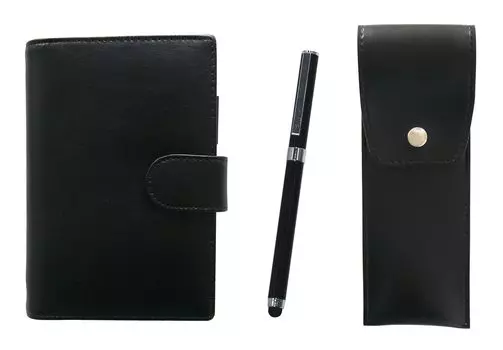 Eco B7 Cowhide Mini System Notebook and Round Button Pen Case Black Smartphone Touch Metal Cap Ballpoint Pen Extra Set Black LS002B-BRSB-QSJW700-B