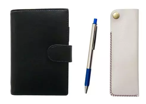 Eco B7 Cowhide Mini System Notebook and Horizontal Hook Pen Case White FB325 Aluminum Straight Knock Ballpoint Pen Set Blue LS002B-NK01W-FB325-L