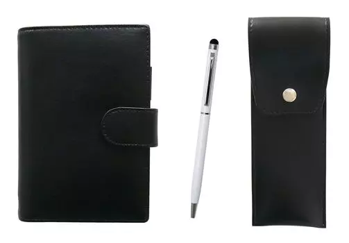 Eco B7 Cowhide Mini System Notebook and Round Button Pen Case Black Smartphone Touch Aluminum Rotating Ballpoint Pen Set White LS002B-BRSB-CC603-W