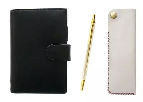 Eco B7 Cowhide Mini System Notebook and Side Hook Pen Case White Z66 Whole Body Gold Hexagon Knock Metal Ballpoint Pen Set LS002B-NK01W-Z66KB