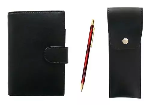 Eco B7 Cowhide Mini System Notebook и пенал с круглыми кнопками, черный SD, шариковая ручка с мраморным узором, набор для всех металлических блокнотов, красный красный