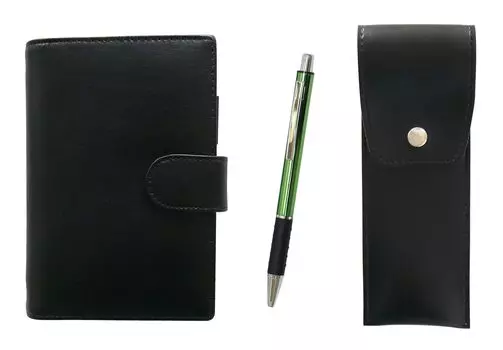 Eco B7 Cowhide Mini System Notebook и пенал с круглыми кнопками, черный, металлический, с шариковой ручкой, набор, зеленый и LS002B-BRSB-WZ2067BP-G зелёный