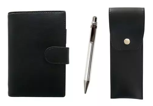 Eco B7 Cowhide Mini System Notebook и пенал с круглыми кнопками, черный, полностью металлический, прочный, прямой, с шариковой ручкой LS002B-BRSB-M11B