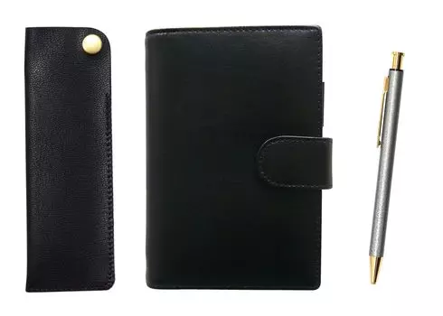 Eco B7 Cowhide Mini System Notebook и чехол для ручки с боковым креплением, черный NQ26, полностью металлический, с покрытием под ящерицу, набор шариковых ручек ударного типа, серый
