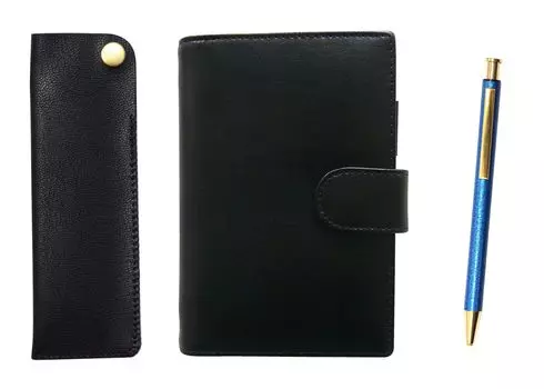 Eco B7 Cowhide Mini System Notebook и чехол для ручки с боковым креплением черного цвета NQ26 Полностью металлическая шариковая ручка с покрытием под ящерицу синего цвета