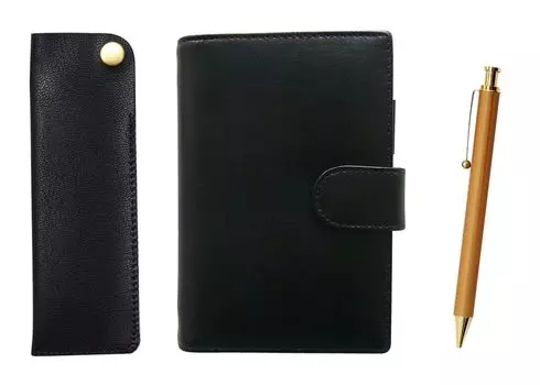Eco B7 Cowhide Mini System Notebook и горизонтальный пенал с крючками, черный узор из бамбука, набор механических карандашей T23-LS002B-NK01B-FB300CS