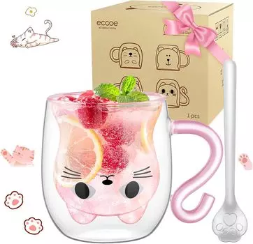 ecooe Кружка из двойного стекла Милая 280 мл Без конденсата Кошка Кружка из двойного стекла Подарок на день рождения для женщин Боросиликатная термостойкая стеклянная кружка Стильная