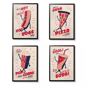 Еда, хот-дог, пицца, холодная газировка, поп-корн, холст, картина, закусочная, настенные художественные постеры и принты, фотографии для кухни, украшения дома 21x30cm No Framed белый