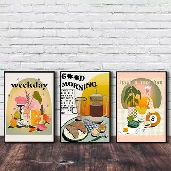 Еда Кухня Плакат Стена Искусства Печать На Холсте Хлеб Напиток Фруктовый Десерт Картина Декоративная Картина Современное Украшение Столовой Без Рамки 21*30cm