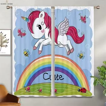 Единорог Мультфильм Шторы Детская Комната Кабинет Гостиная Кухня Карманный Карниз Для Штор Украшения Дома Оконные Шторы 2 Шт. W100xH130(CM) folio&Rod pocket
