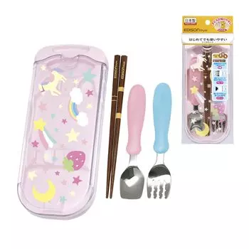EDISONmama Trio Set Fairy Tale Natural Wood Chopspals Fork Spoon Spoon with Case Набор для еды на выход в детский сад