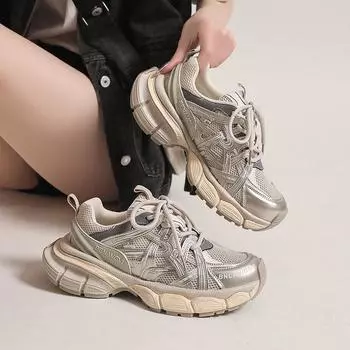 Edition Niche Single Mesh Дышащие Кроссовки Для Пап Женщин 2024 Новые Повседневные Спортивные Легкие Кроссовки На Толстой Подошве 35 серебряный