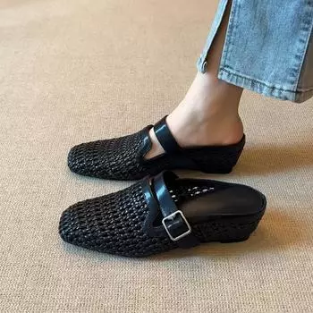 Edition~ Summer new 5cm vacation style woven wedge heel shoes belt buckle breathable bag head outer slippers 35