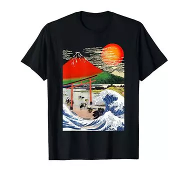 Edo Japan Ukiyo Hakusai Red Mt. Fuji/Tsunami T-shirt