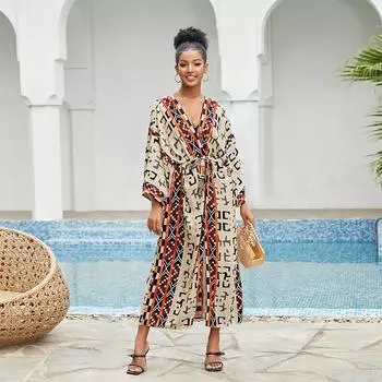 EDOLYNSA 2023 Бикини с принтом в стиле бохо, элегантное кимоно с поясом, платье-туника, женская пляжная одежда больших размеров, купальный костюм, накидка Q1228 One size коричневый